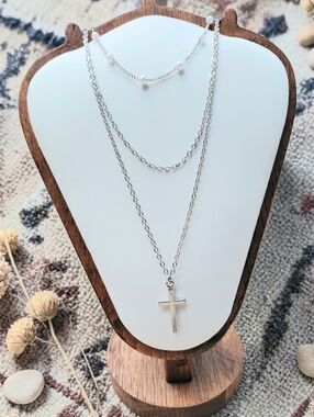 Layered Silver Cross Necklace with Pearl Accent - Women Jewelry